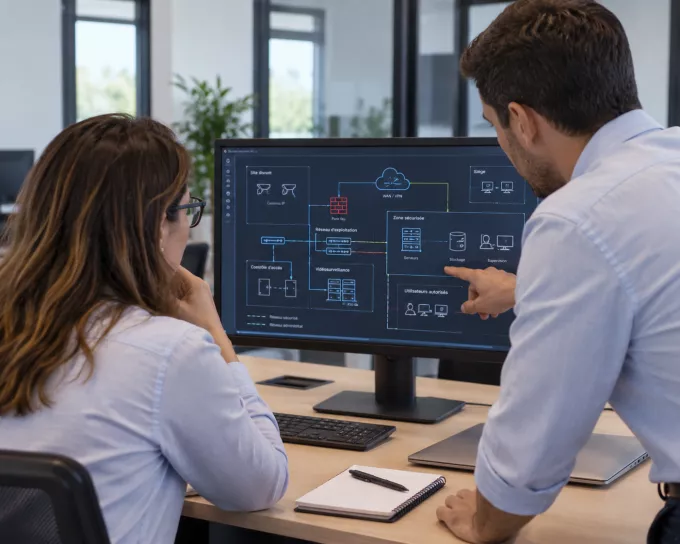 Collaborateurs Eryma travaillant sur une architecture cyber